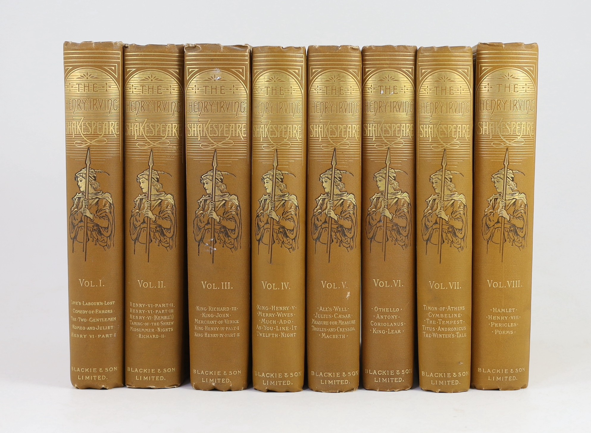 Shakespeare, William - The Henry Irving Shakespeare, illustrated by Gordon Browne, 8 vols, 8vo, original cloth gilt, Blackie & Son, Limited, London, 1893